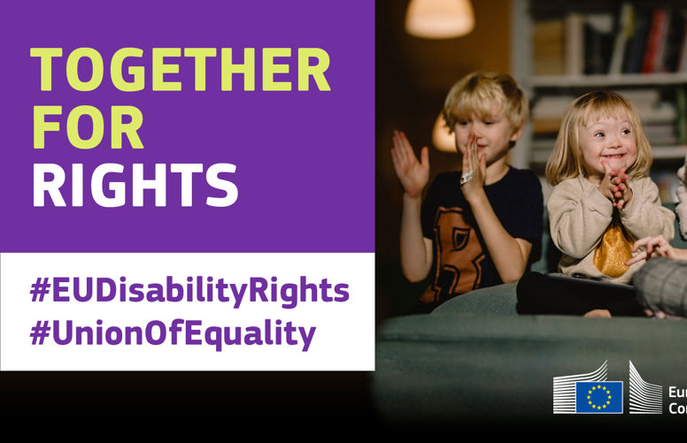 Together for Rights campaign visual, the visual features three children of different ages sitting together clapping their hands. One child has Down Syndrome.