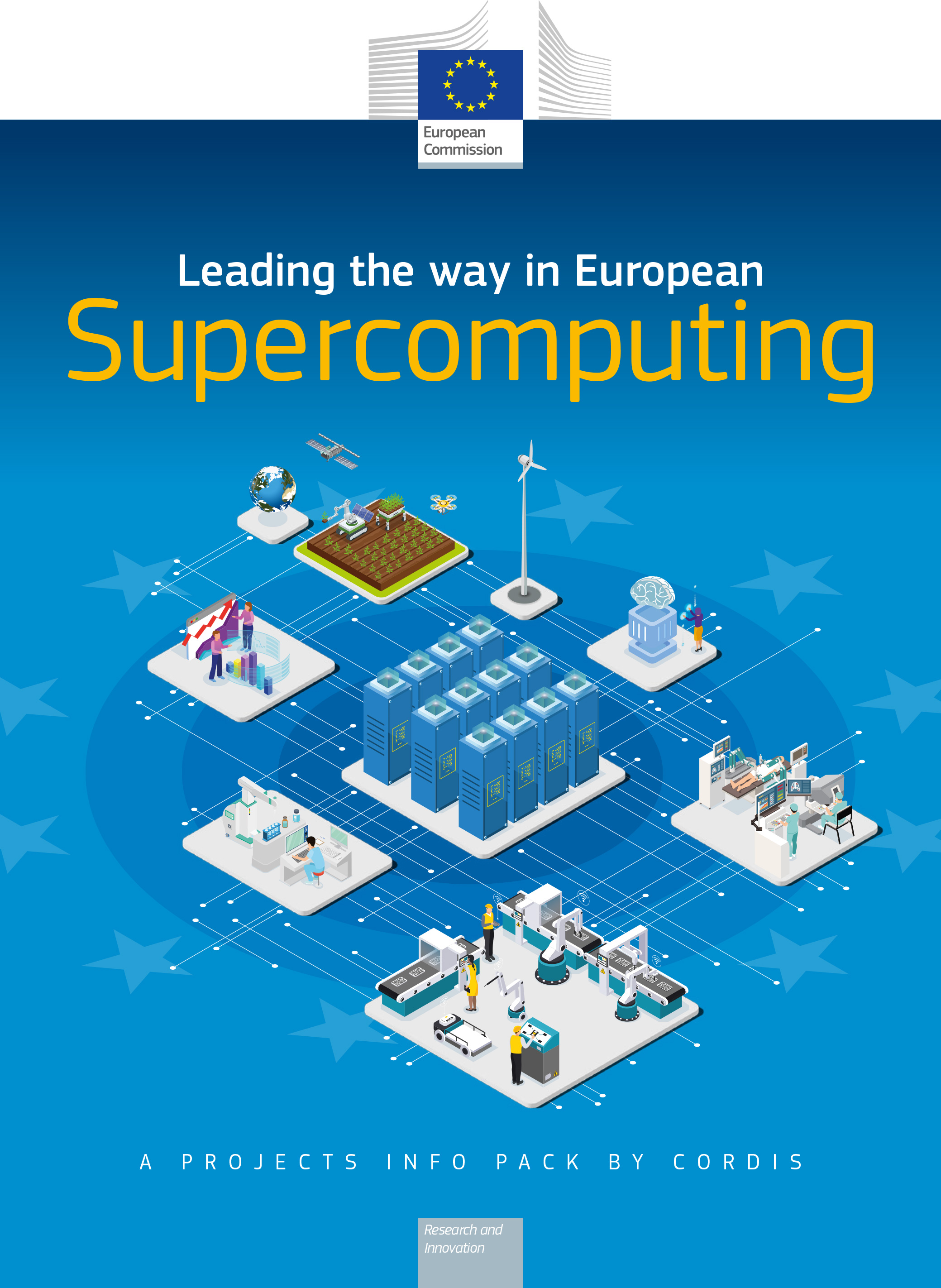 Making Europe a world leader in supercomputing, drawing of a supercomputer on the cover of the publication.