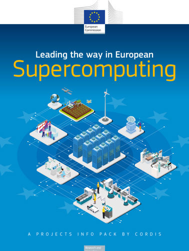 Making Europe a world leader in supercomputing, drawing of a supercomputer on the cover of the publication.