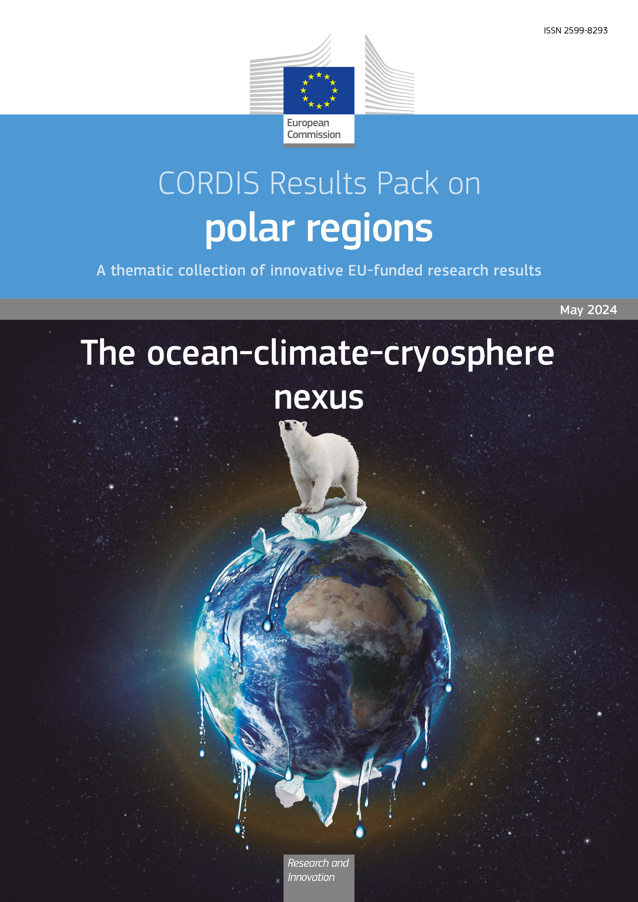 Polar bear standing on top of melting Earth. Cover of Results Pack on polar regions: The ocean-climate cryosphere nexus.