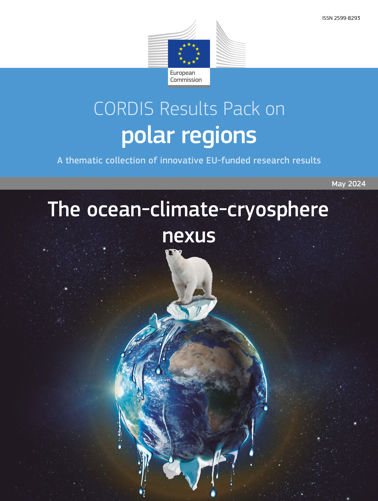 Polar bear standing on top of melting Earth. Cover of Results Pack on polar regions: The ocean-climate cryosphere nexus.