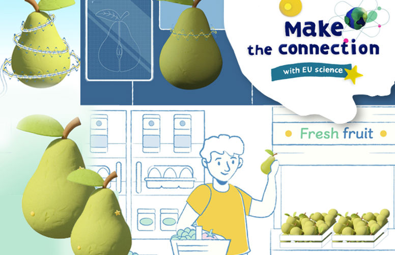 make the Connection with EU Science. Why would you give a pear an electric shock? Image from the video featuring a person holding a pear and a shopping basket.