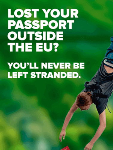 Person hanging upside down from bungee rope with passport falling out of pocket.