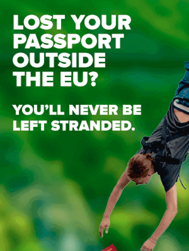 Person hanging upside down from bungee rope with passport falling out of pocket.